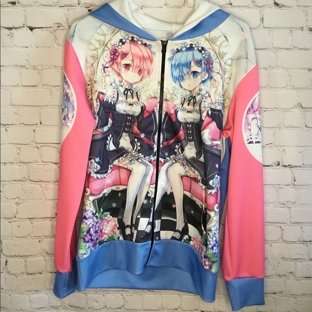 Death Or Kiss Rem&Ram Japan Anime Full Zip Hoodie Women Sweatshirt Size L.